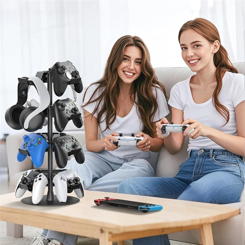 8002 4-Tier Game Controller Stand for Xbox  /  PS5  /  Nintendo Switch 360 Degree Rotating Multi-Functional Gaming Controller & Headphone Holder - Black