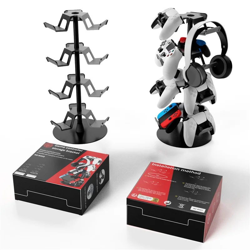 8002 4-Tier Game Controller Stand for Xbox  /  PS5  /  Nintendo Switch 360 Degree Rotating Multi-Functional Gaming Controller & Headphone Holder - Black