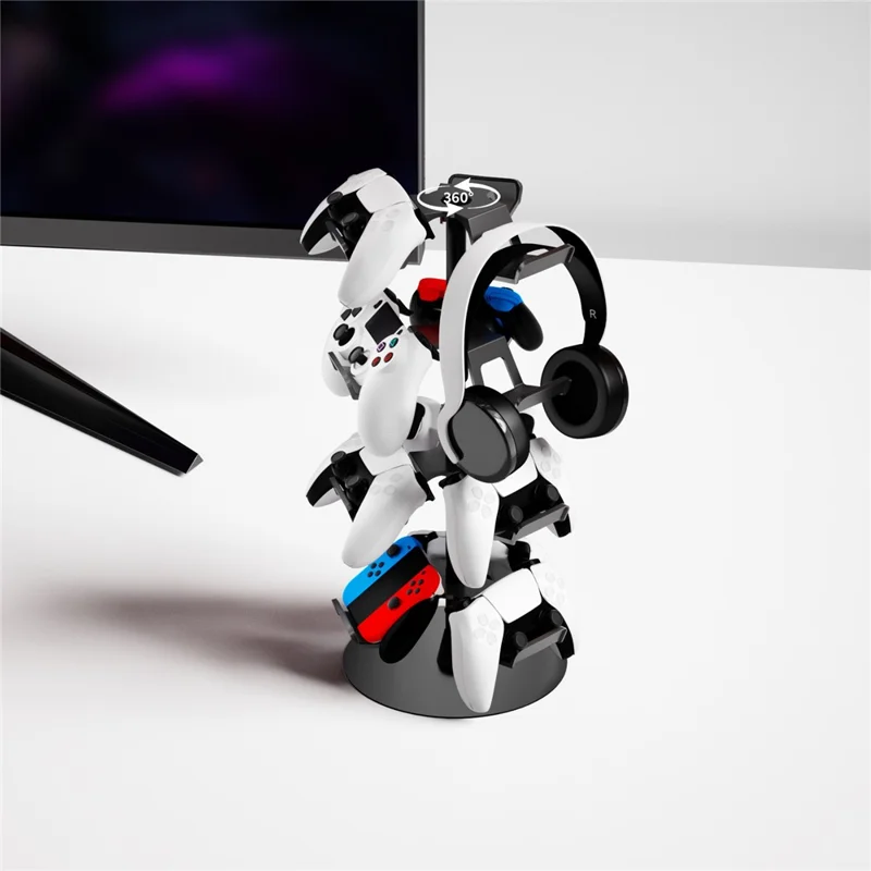 8002 4-Tier Game Controller Stand for Xbox  /  PS5  /  Nintendo Switch 360 Degree Rotating Multi-Functional Gaming Controller & Headphone Holder - Black