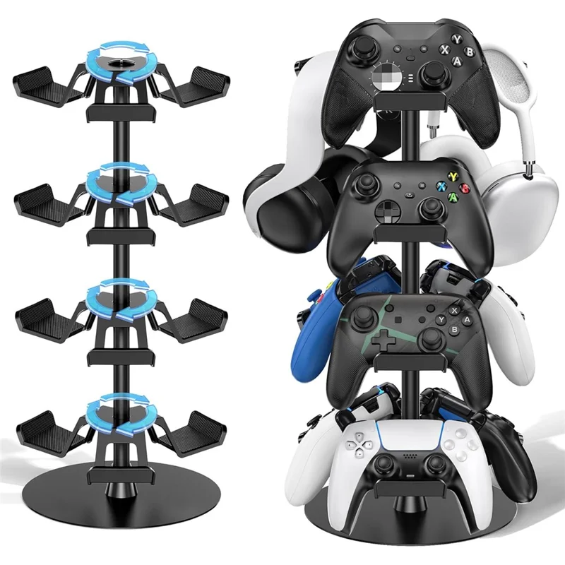 8002 4-Tier Game Controller Stand for Xbox  /  PS5  /  Nintendo Switch 360 Degree Rotating Multi-Functional Gaming Controller & Headphone Holder - Black