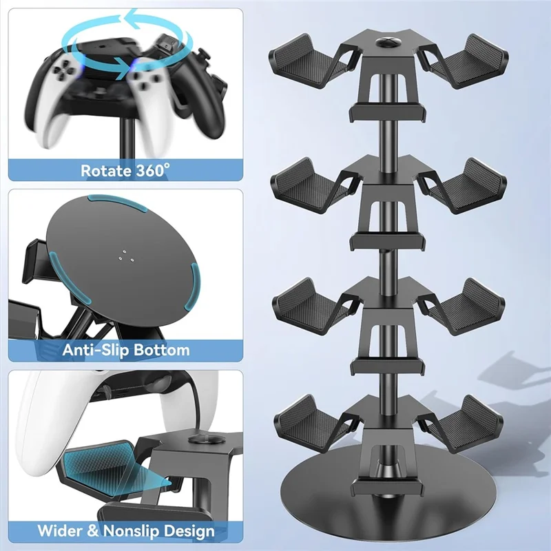 8002 4-Tier Game Controller Stand for Xbox  /  PS5  /  Nintendo Switch 360 Degree Rotating Multi-Functional Gaming Controller & Headphone Holder - Black