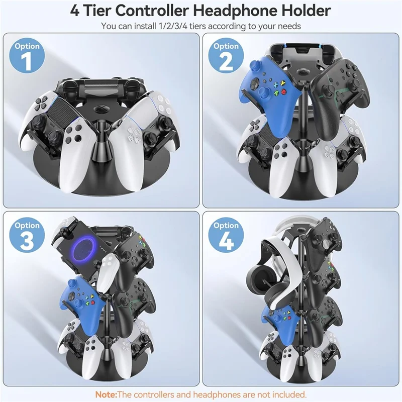 8002 4-Tier Game Controller Stand for Xbox  /  PS5  /  Nintendo Switch 360 Degree Rotating Multi-Functional Gaming Controller & Headphone Holder - Black