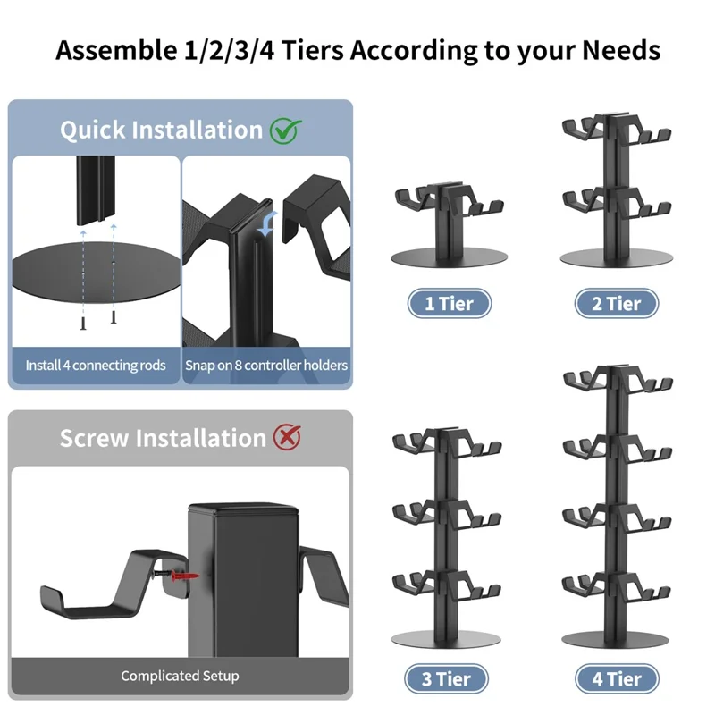 8012 Soporte organizador de 3 niveles para controladores de juegos para Xbox / PS5 / Nintendo Switch, soporte multicapa para controles, auriculares y accesorios de juego - Negro