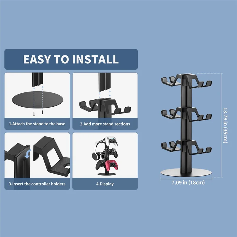 8012 Soporte organizador de 3 niveles para controladores de juegos para Xbox / PS5 / Nintendo Switch, soporte multicapa para controles, auriculares y accesorios de juego - Negro