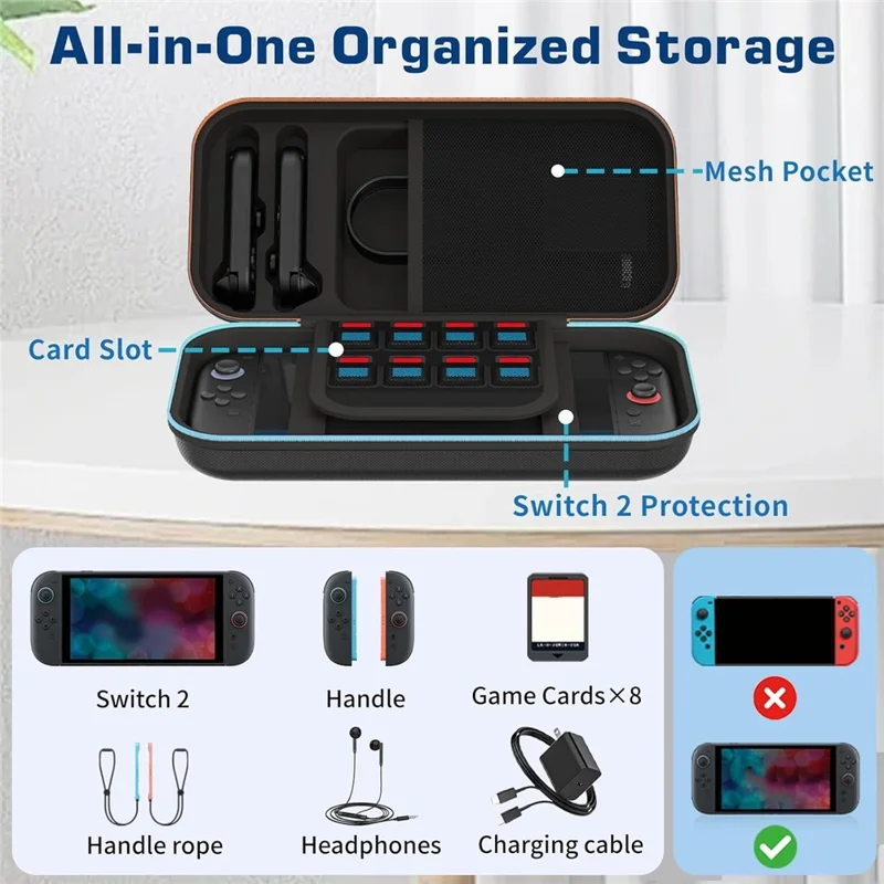 8028 EVA Hard Shell Carrying Case for Nintendo Switch 2 All-in-One Storage Organizer Game Cards Joy-Con Controller Shockproof Travel Bag - Black