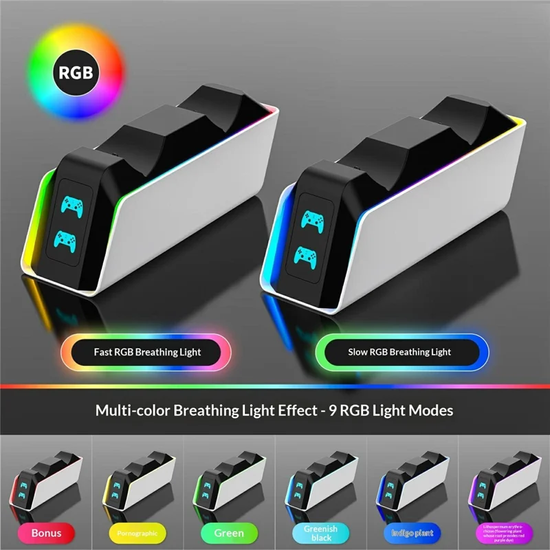 8055 Base de Carga Dual para PS5 / PS5 Slim / PS5 Pro / PS5 Edge / Estación de Carga Rápida con 9 Modos de Luz RGB