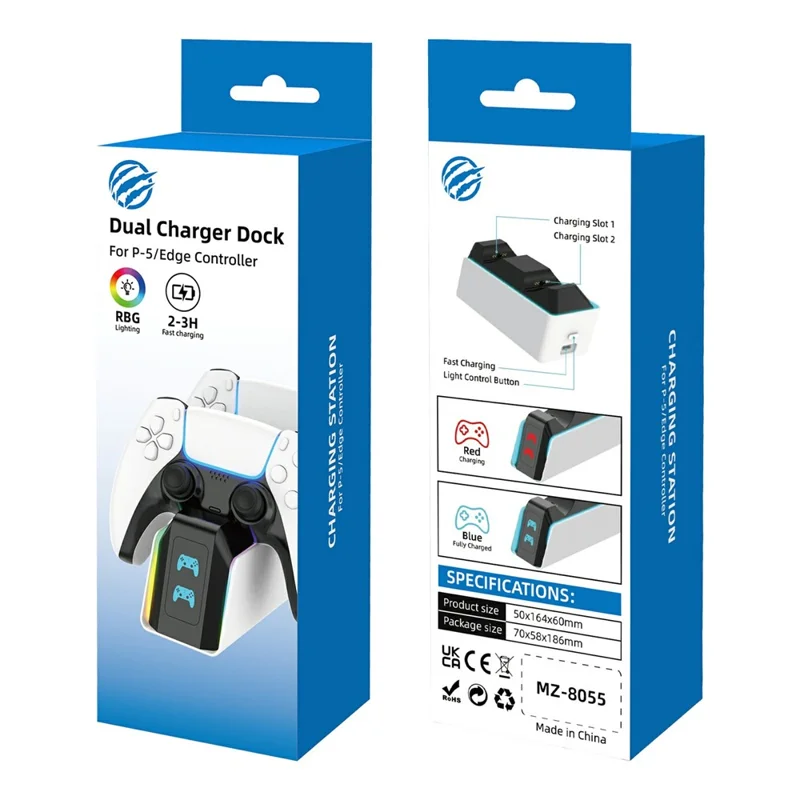 8055 Base de Carga Dual para PS5 / PS5 Slim / PS5 Pro / PS5 Edge / Estación de Carga Rápida con 9 Modos de Luz RGB