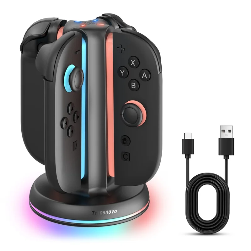 TRANSNOVO S73-002 4-в-1 зарядная станция для контроллеров Nintendo Switch 2 Joy-Con, RGB LED, сенсорное управление, Type-C, быстрая зарядка — черный