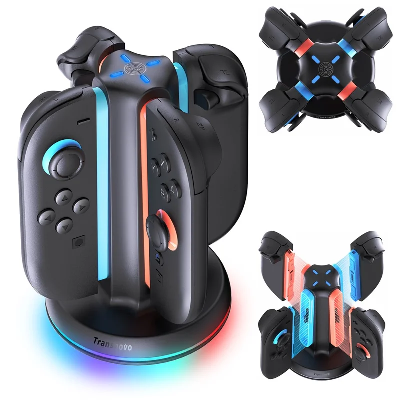 TRANSNOVO S73-002 4-в-1 зарядная станция для контроллеров Nintendo Switch 2 Joy-Con, RGB LED, сенсорное управление, Type-C, быстрая зарядка — черный