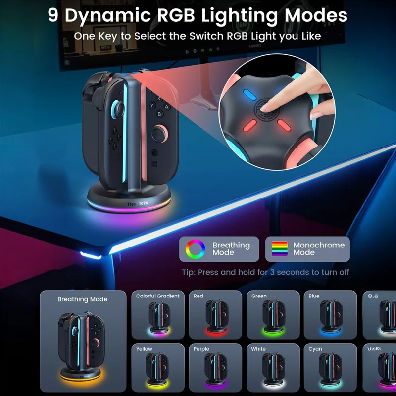 TRANSNOVO S73-002 4-в-1 зарядная станция для контроллеров Nintendo Switch 2 Joy-Con, RGB LED, сенсорное управление, Type-C, быстрая зарядка — черный