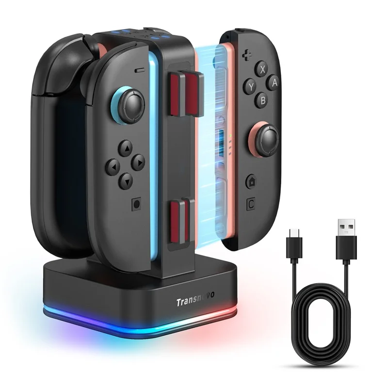 TRANSNOVO S73-003 4-in-1 Charging Dock for Nintendo Switch 2 Joy-Con Controllers RGB Lighting Game Card Storage Charging Station - Black