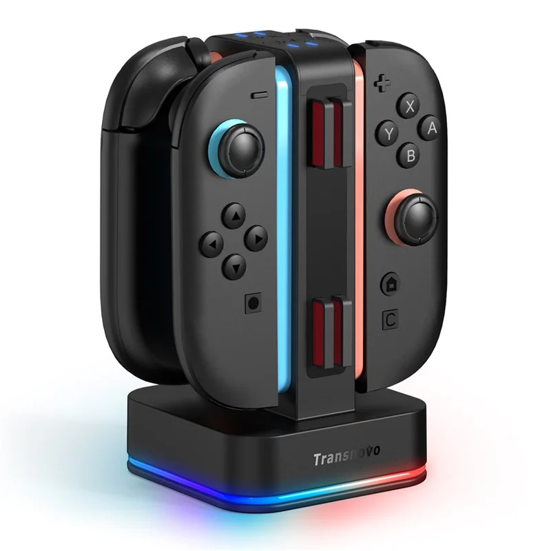 TRANSNOVO S73-003 4-in-1 Charging Dock for Nintendo Switch 2 Joy-Con Controllers RGB Lighting Game Card Storage Charging Station - Black
