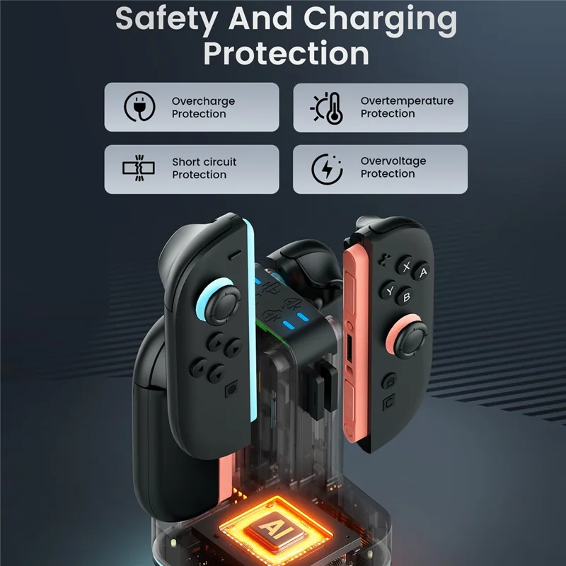 TRANSNOVO S73-003 4-in-1 Charging Dock for Nintendo Switch 2 Joy-Con Controllers RGB Lighting Game Card Storage Charging Station - Black