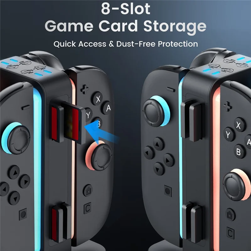 TRANSNOVO S73-003 4-in-1 Charging Dock for Nintendo Switch 2 Joy-Con Controllers RGB Lighting Game Card Storage Charging Station - Black