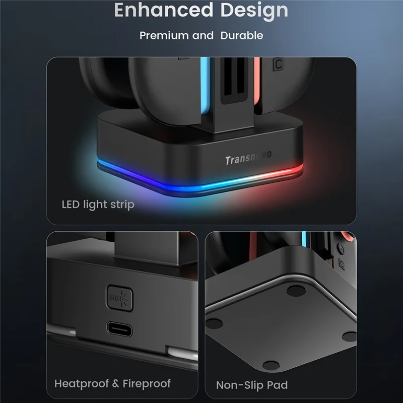 TRANSNOVO S73-003 4-in-1 Charging Dock for Nintendo Switch 2 Joy-Con Controllers RGB Lighting Game Card Storage Charging Station - Black