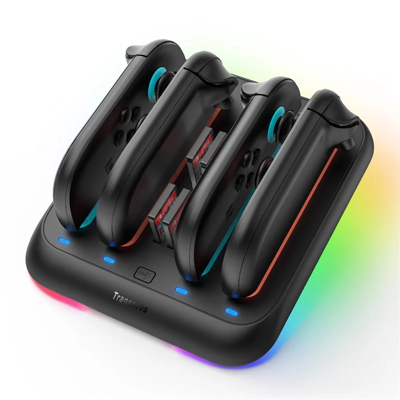 TRANSNOVO S73-004 4-in-1 Charging Dock for Nintendo Switch 2 Joy-Con Controllers RGB LED Magnetic Game Card Storage Charging Station - Black