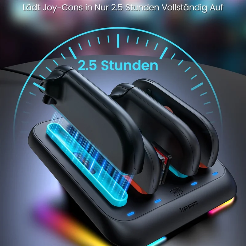 TRANSNOVO S73-004 4-in-1 Charging Dock for Nintendo Switch 2 Joy-Con Controllers RGB LED Magnetic Game Card Storage Charging Station - Black