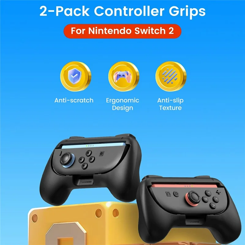 TRANSNOVO S73-010 2 Unidades de Empuñaduras para Controlador de Juego para Nintendo Switch 2 Joy-Con, Asas Antideslizantes Ergonómicas, Soporte Portátil - Negro