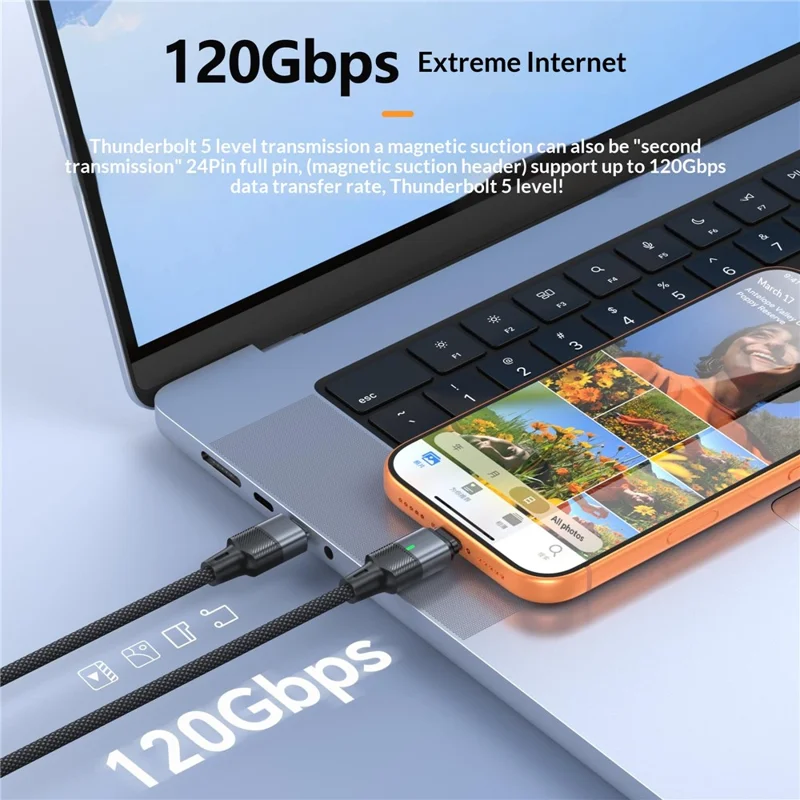 240W 1.2m Magnetic USB-C Cable 120Gbps Thunderbolt 5 Data Transfer Dustproof Type-C Charging Cable - Straight Connector