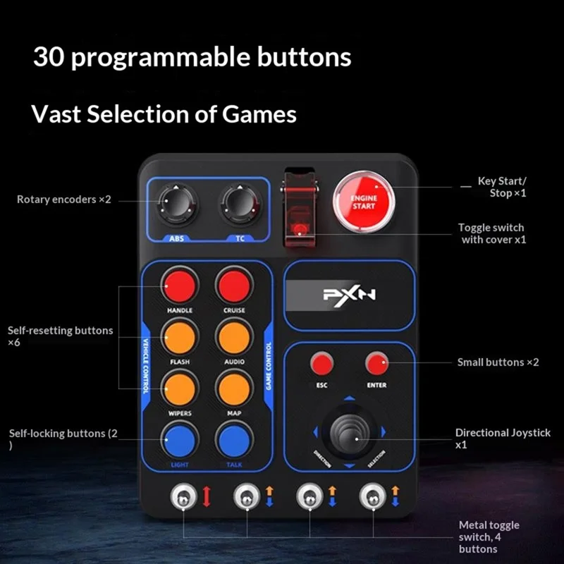 PXN CB1 Caja de Control para Simulador de Carreras 30 Botones Programables Luces RGB para Juegos de PC - Negro
