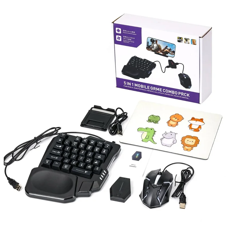 KTR01 5 in 1 Mobile Game Combo Pack Phone Keyboard Mouse Converter Set for PUBG Gaming - Black