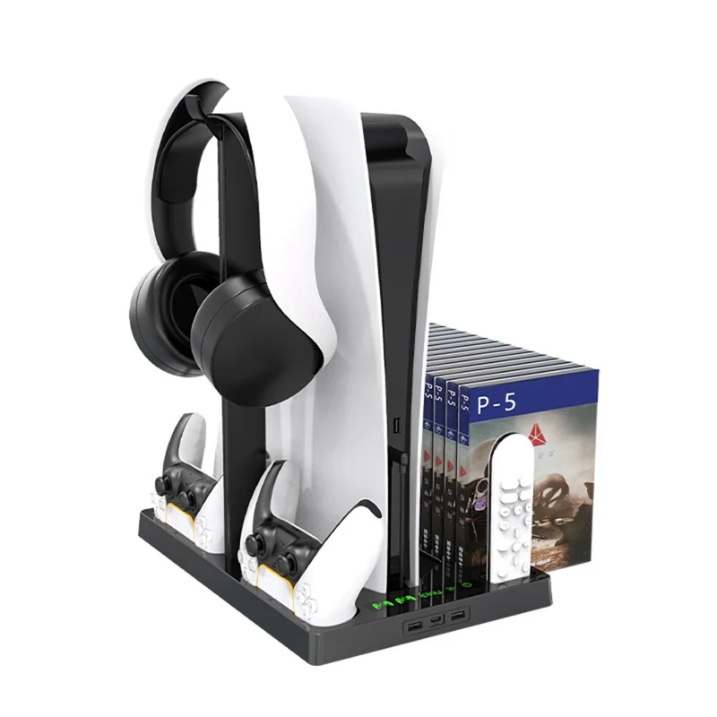 IPLAY HBP-271 For Sony PlayStation 5 Cooling Stand Dual Controller Charging Station Game Disc Storage Headset Holder Desktop Organizer - Black