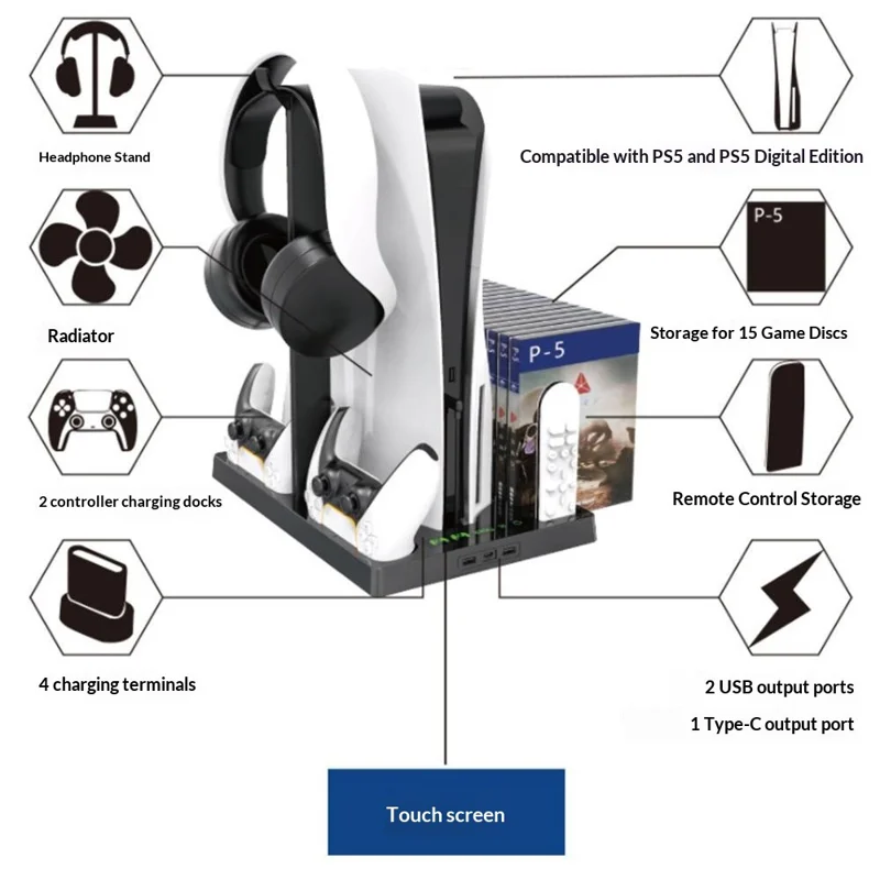 IPLAY HBP-271 For Sony PlayStation 5 Cooling Stand Dual Controller Charging Station Game Disc Storage Headset Holder Desktop Organizer - Black