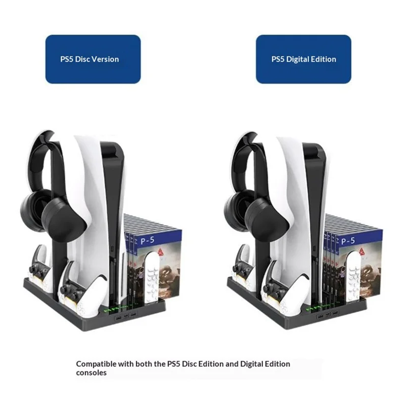 IPLAY HBP-271 For Sony PlayStation 5 Cooling Stand Dual Controller Charging Station Game Disc Storage Headset Holder Desktop Organizer - Black