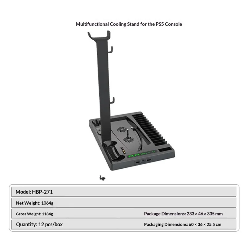 IPLAY HBP-271 For Sony PlayStation 5 Cooling Stand Dual Controller Charging Station Game Disc Storage Headset Holder Desktop Organizer - Black