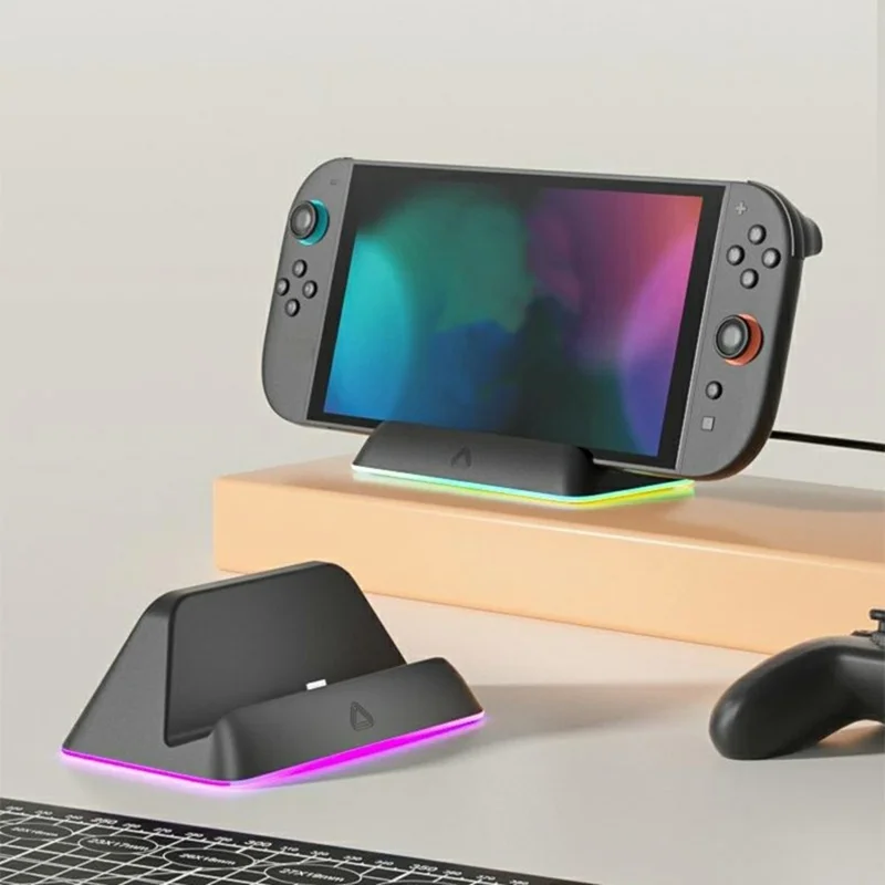 HBS-2811 For Nintendo Switch 2 Portable Charging Dock Stand RGB LED Light Touch Control Charging Station - Black