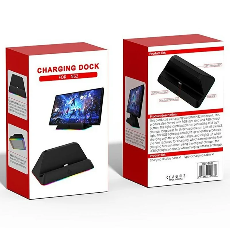 HBS-2811 For Nintendo Switch 2 Portable Charging Dock Stand RGB LED Light Touch Control Charging Station - Black