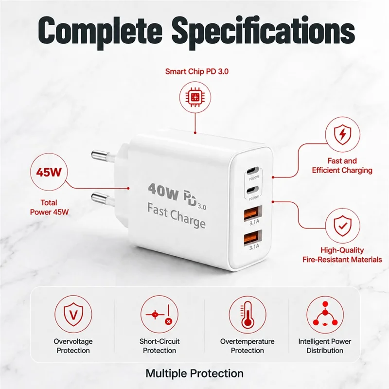 D-POWER 8269 EU Plug PD 20W Fast Charger 2 USB-C + 2 USB-A Power Adapter for Travel Office Home - White