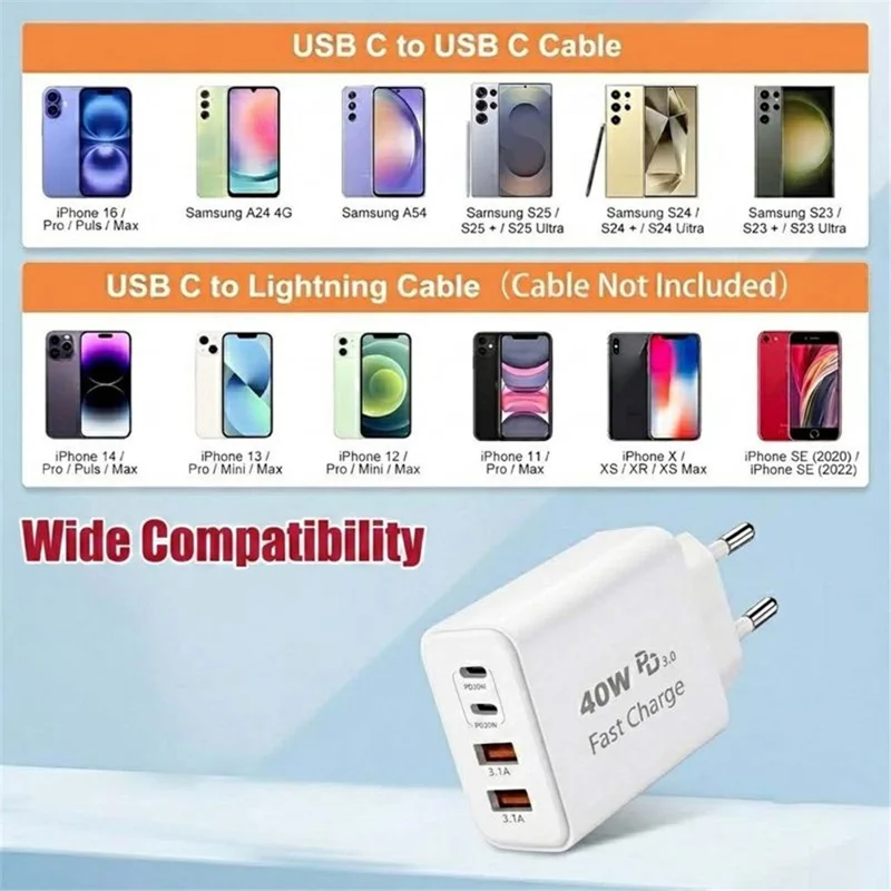 D-POWER 8269 EU Plug PD 20W Fast Charger 2 USB-C + 2 USB-A Power Adapter for Travel Office Home - White