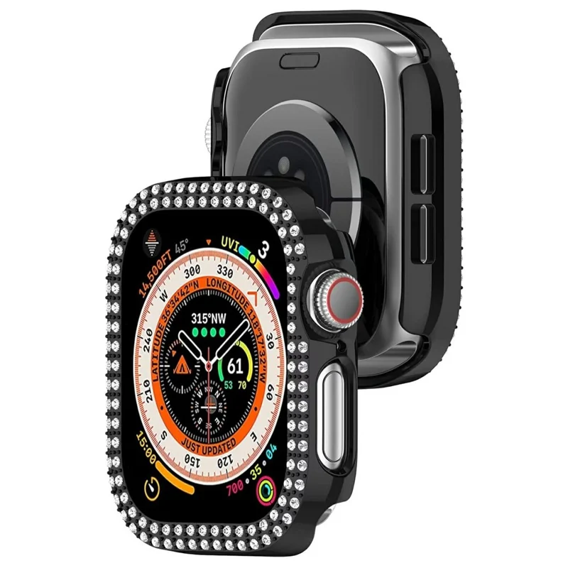 For Apple Watch Series 12 46mm Watch Case Rhinestone Decor PC Hollow Design Protective Frame - Black