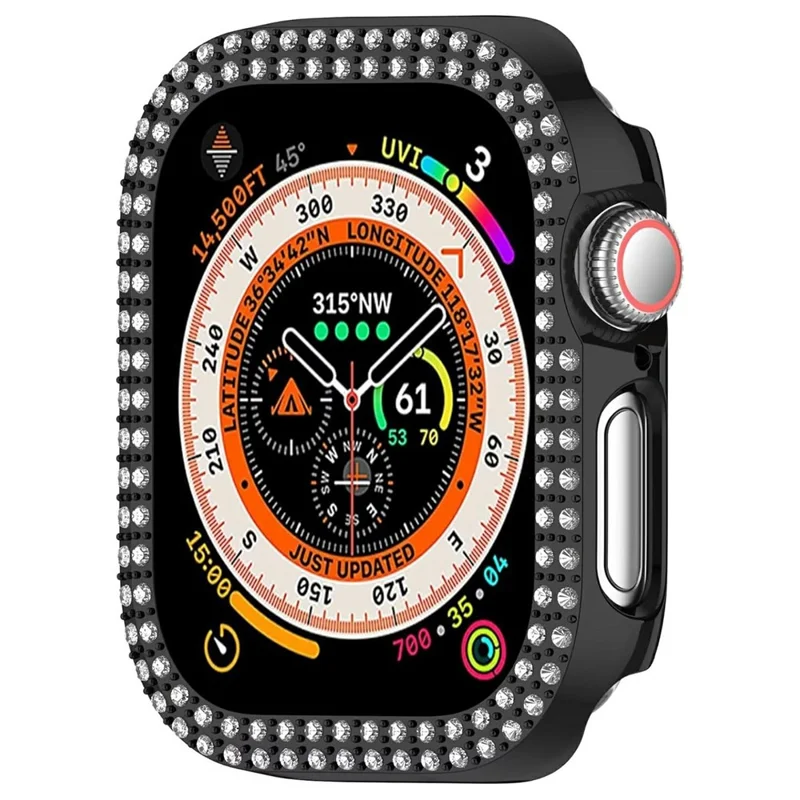 For Apple Watch Series 12 46mm Watch Case Rhinestone Decor PC Hollow Design Protective Frame - Black