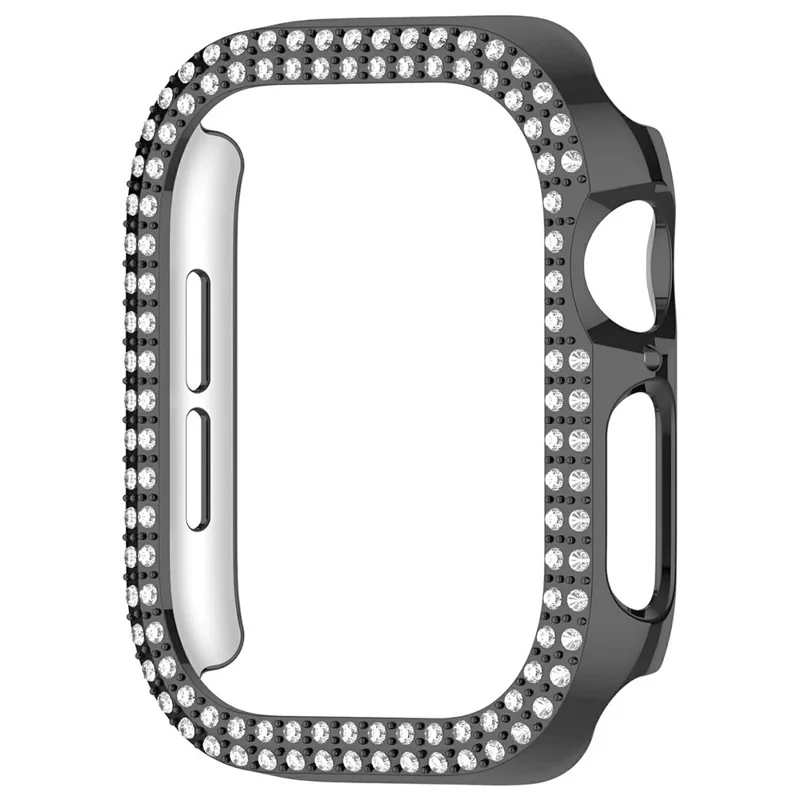 For Apple Watch Series 12 46mm Watch Case Rhinestone Decor PC Hollow Design Protective Frame - Black