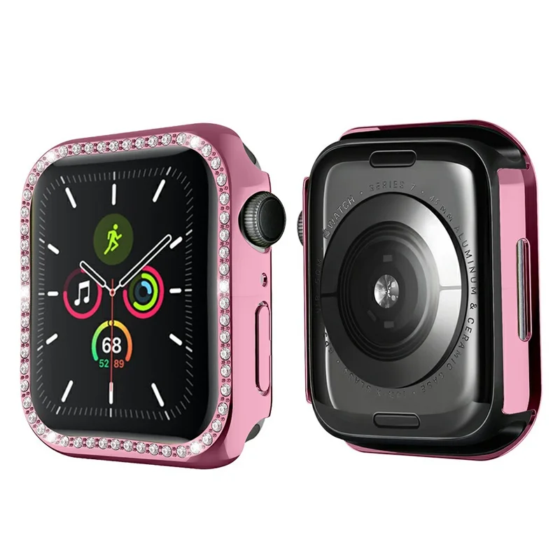 For Apple Watch Series 9 / 8 / 7 41mm Shiny Rhinestones PC Smart Watch Case Cover Frame Protector - Pink