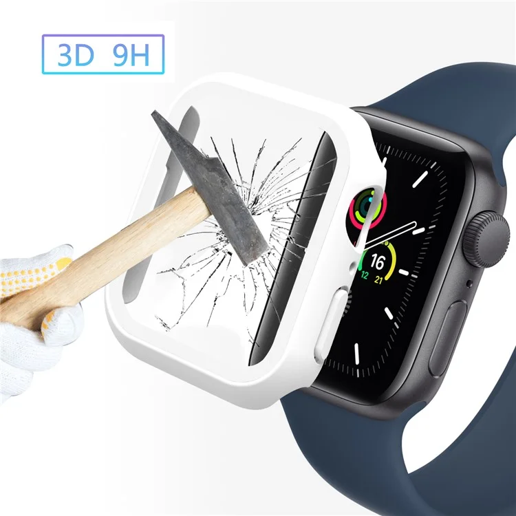 2-in-1 9H Tempered Glass Film Matte Hard PC Watch Case Cover for Apple Watch Series 9 / 8 / 7 45mm - White / White Edge