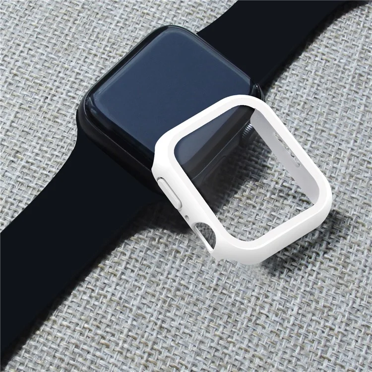 2-en-1 9h Film de Verre Trempé Hard PC Watch Couverture de Cas Pour la Série Apple Watch 7 45 mm - Bord Blanc / Blanc