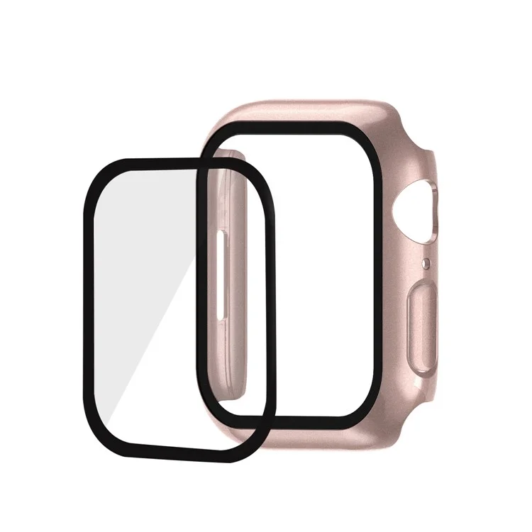 2-en-1 9h Film de Verre Trempé Hard PC Watch Couverture de Cas Pour la Série Apple Watch 7 45 mm - Rose