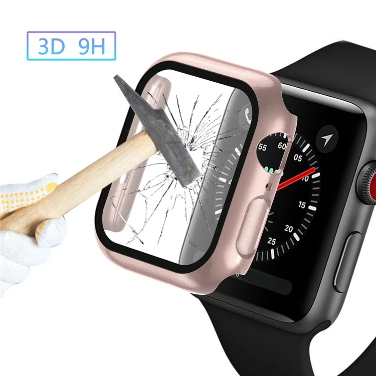 2-en-1 9h Film de Verre Trempé Hard PC Watch Couverture de Cas Pour la Série Apple Watch 7 45 mm - Rose