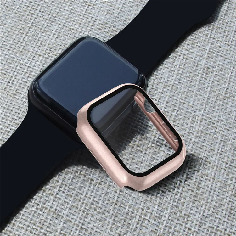 2-en-1 9h Film de Verre Trempé Hard PC Watch Couverture de Cas Pour la Série Apple Watch 7 45 mm - Rose