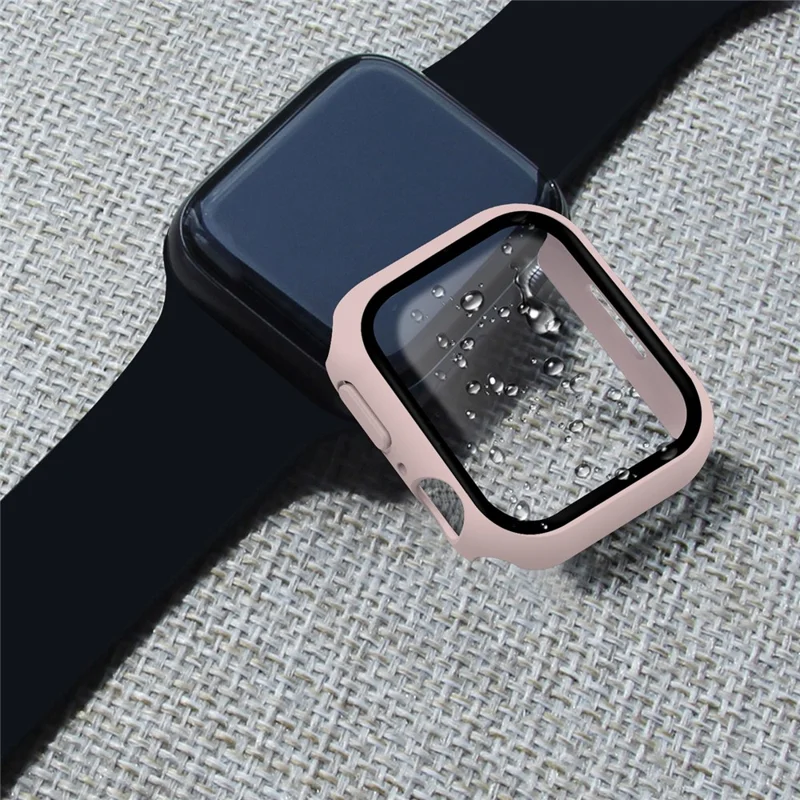 For Apple Watch Series 9 / 8 / 7 41mm Matte PC Watch Case Cover + Tempered Glass Screen Protector - Pink