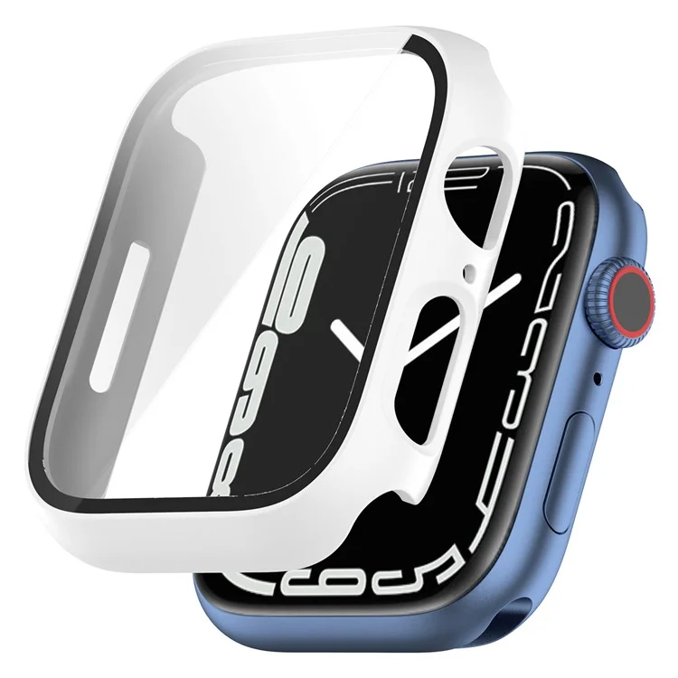 Scratch Resistant Hard PC Case with Tempered Glass Screen Cover for Apple Watch Series 9 / 8 / 7 45mm - White