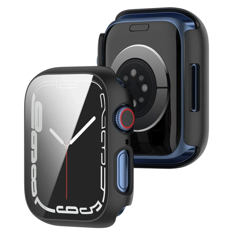 Scratch Resistant Hard PC Case with Tempered Glass Screen Cover for Apple Watch Series 9 / 8 / 7 45mm - Black