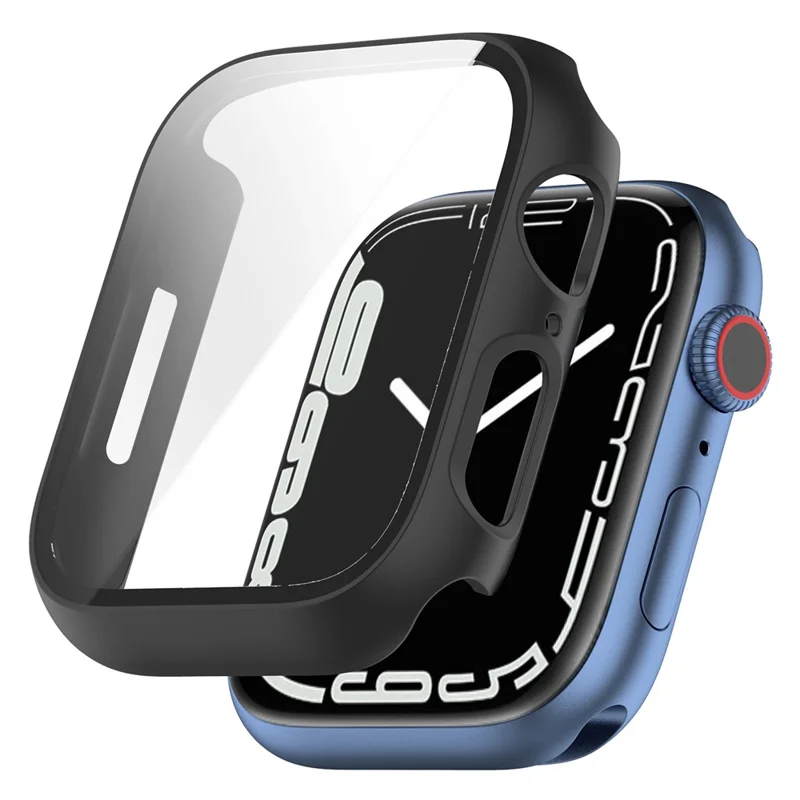 Scratch Resistant Hard PC Case with Tempered Glass Screen Cover for Apple Watch Series 9 / 8 / 7 45mm - Black