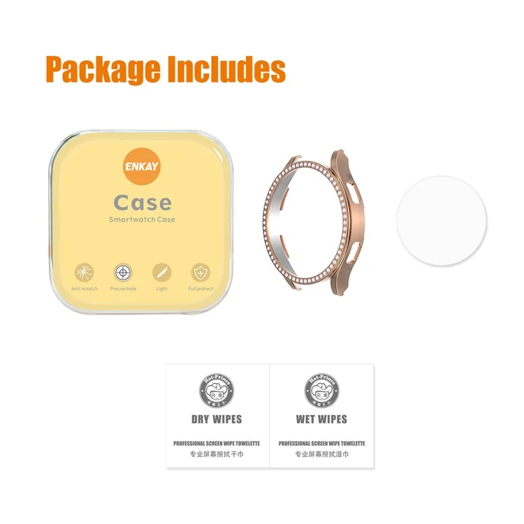 Enkay Hat Prince 2-in-1 0,2 mm 2,15d Anti-fingerabdruck Anti-kratzer 9h-temperatur-gla-screenfilm Mit Strassdekoration Elektroplierend PC Smart Watch Cover Für Samsung Galaxy Watch4 44mm - Roségold
