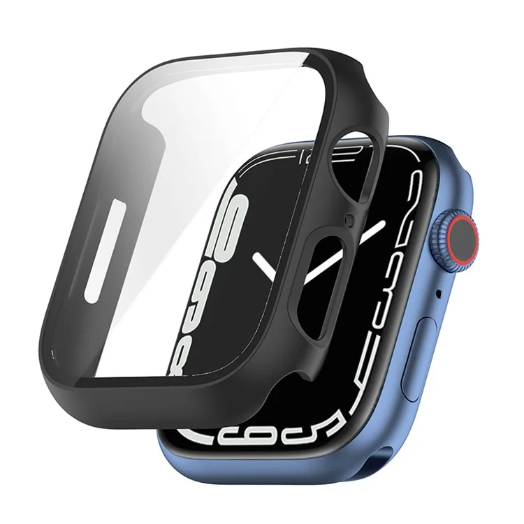Moldura PC com Protetor de Tela de Vidro Temperado Capa da Caixa do Relógio para Apple Watch Series 9 / 8 / 7 45mm - Preto