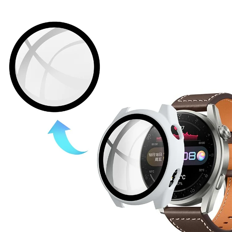 Étui de protection en PC dur avec revêtement antidérapant et résistant aux rayures, avec protecteur d'écran en verre trempé sensible au toucher pour Huawei Watch 3 Pro 48mm - Blanc