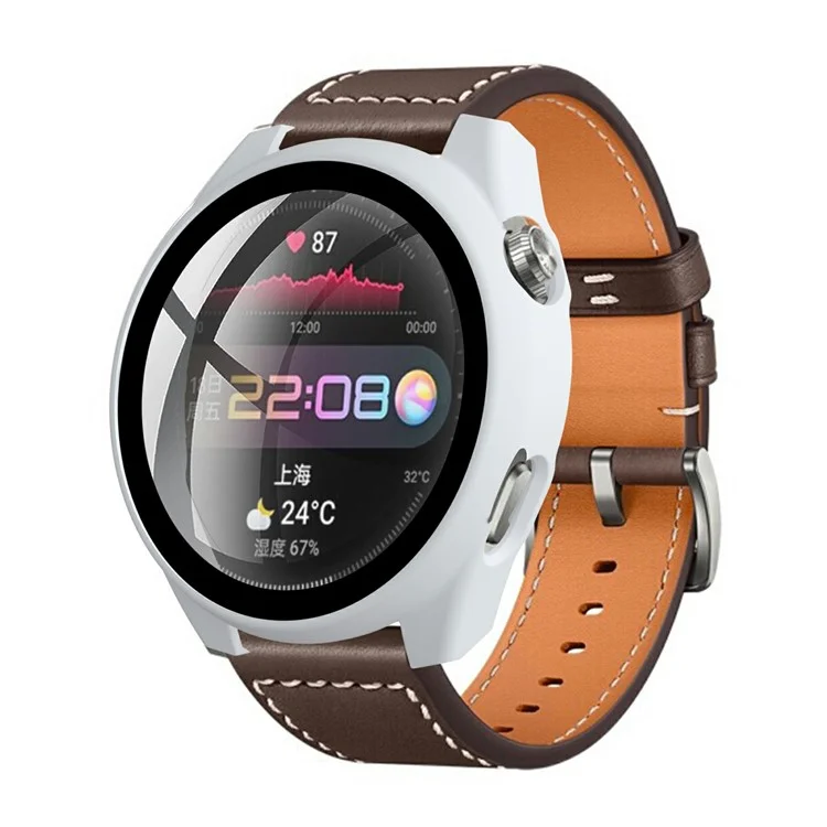 Étui de protection en PC dur avec revêtement antidérapant et résistant aux rayures, avec protecteur d'écran en verre trempé sensible au toucher pour Huawei Watch 3 Pro 48mm - Blanc